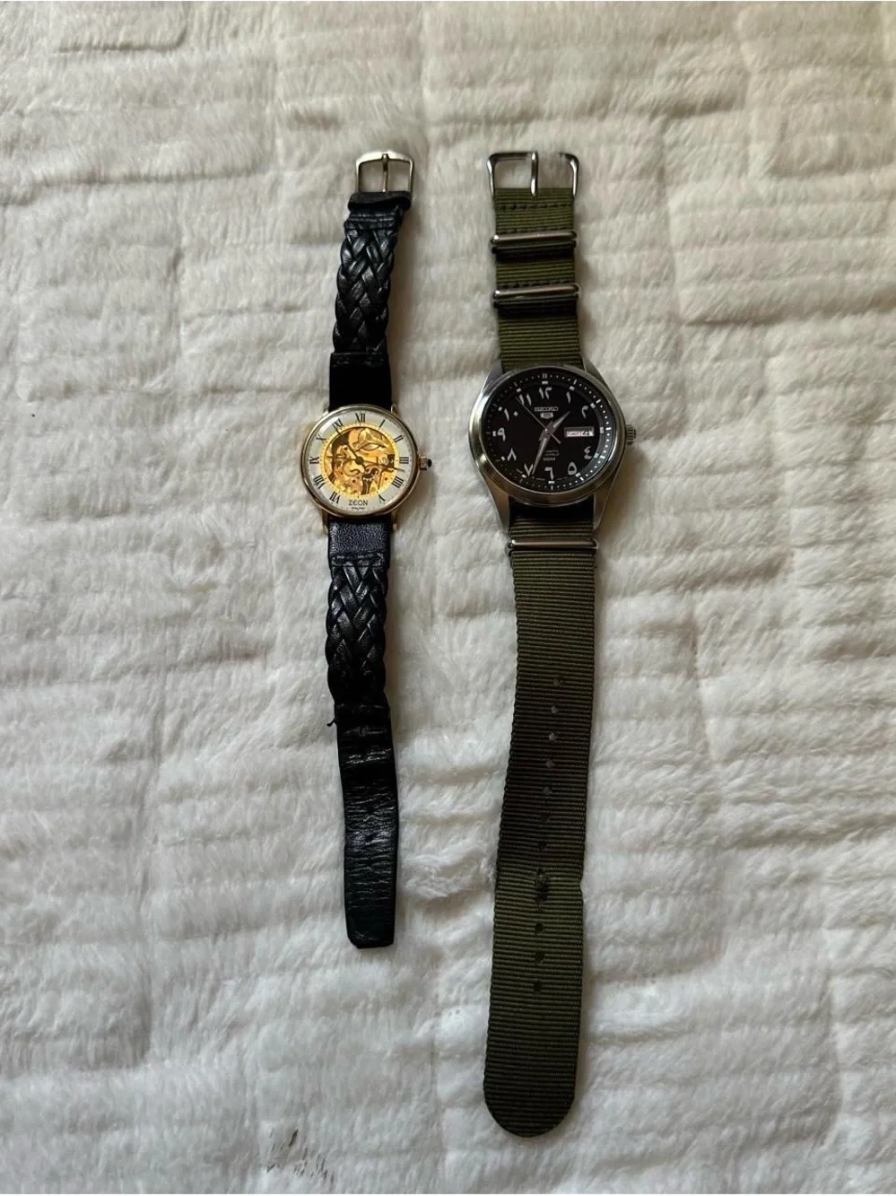 Vintage Men’s Zeon Gold Skeleton Dial Watch with Black Leather Strap